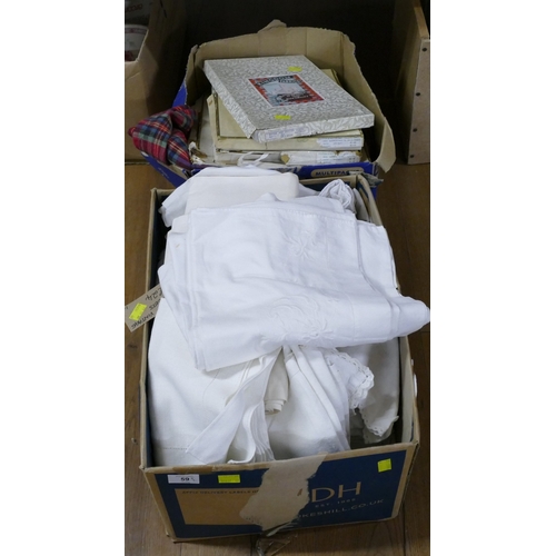 59 - Two boxes of vintage, linens, napkins, tablecloths, embroidered pieces etc