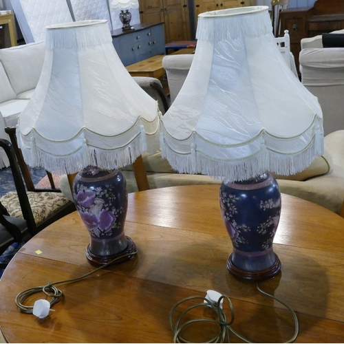 8 - Pair of Bulbous ceramic floral lamp bases with matching shades