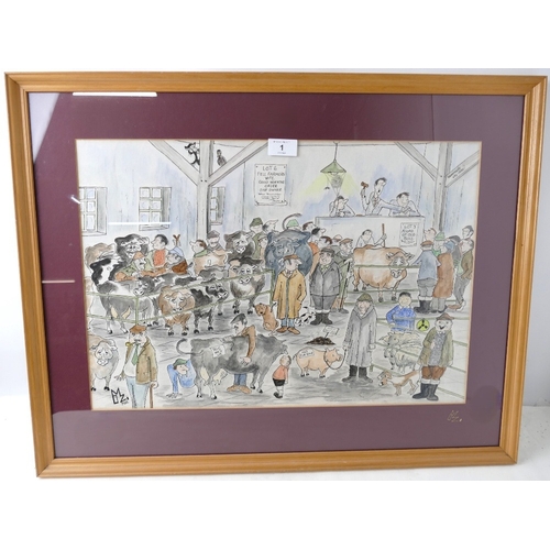 1 - Original watercolour by O.M.Z dated 1988, Mitchells Livestock Mart, featuring local characters, 69 c... 