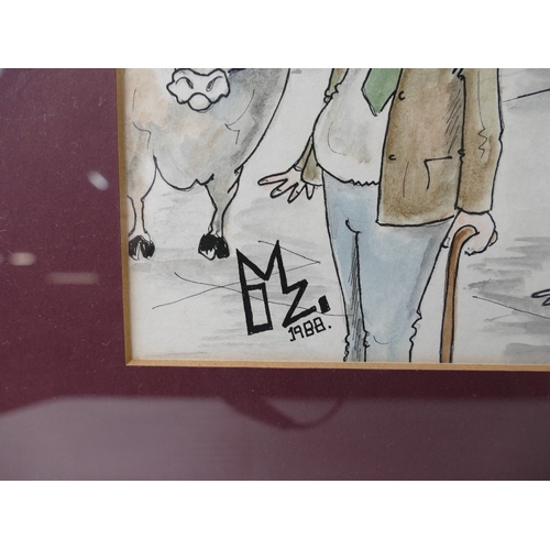 1 - Original watercolour by O.M.Z dated 1988, Mitchells Livestock Mart, featuring local characters, 69 c... 