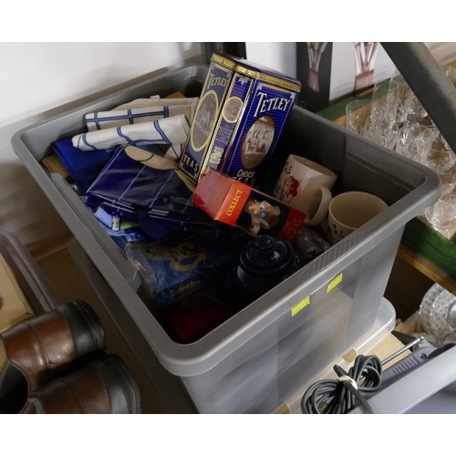 126 - Box of Tetley commemorative ware, tea towels etc