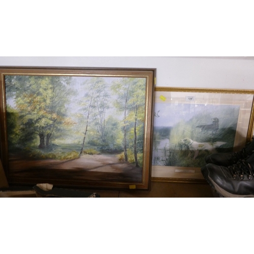 129 - M. Edmondson, acrylic on board, woodland scene and Duck Rising print