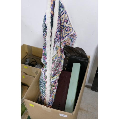 138 - Sewing equipment, ladies handbags, embroidered wall hanging