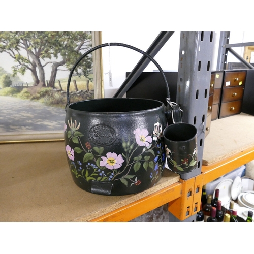 161 - Cast iron water pail with cup, painted in bargeware style
