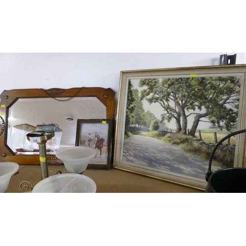 162 - Mirror, indistinctly signed oil painting of a country lane and small horse picture