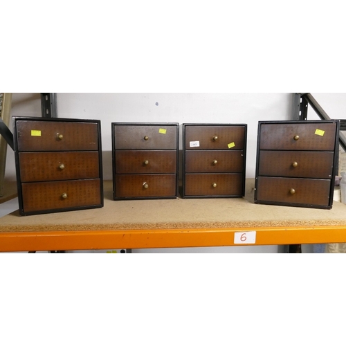 163 - Four small three drawer desktop sets of drawers decorated with Asian writing, height 41 cm