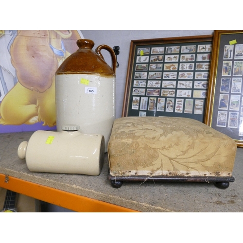 165 - Large stoneware brewery bottle stamped BR(M), stone hot water bottle and footstool