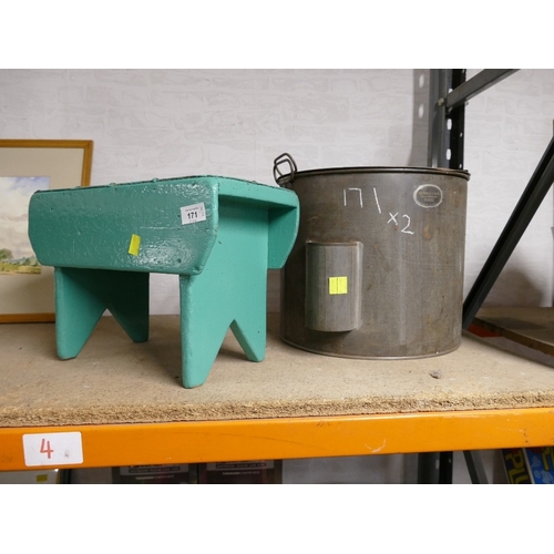 171 - Geo Fowler Lee & Co. metal lidded pail and green painted wooden footstool