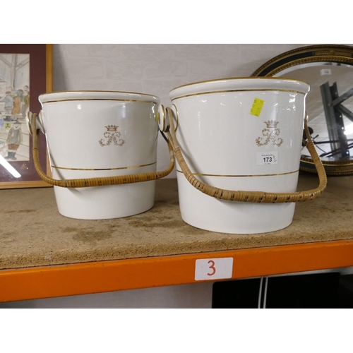 173 - Pair of slop pails with covers, white and gilt with royal insignia