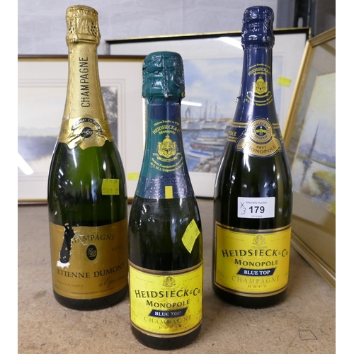 179 - Three bottles of vintage champagne, Heidsieck & Co., 75 ml and 375 ml bottles - Not for sale to ... 