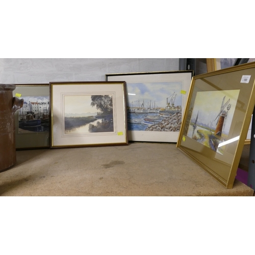 180 - Four original watercolours, shipping scenes, windmills, country river etc