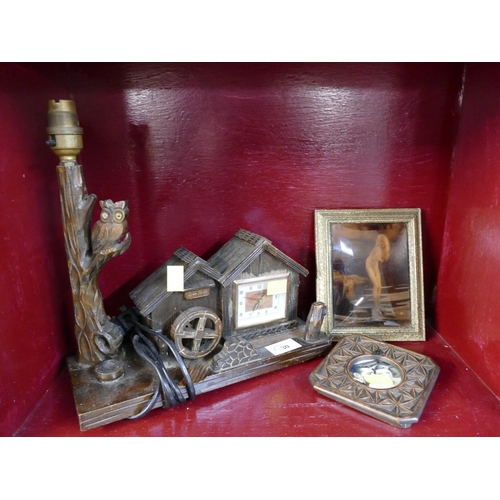 30 - Vintage Blackforest style combination clock/lamp, crystoleum and Liberty style picture frame