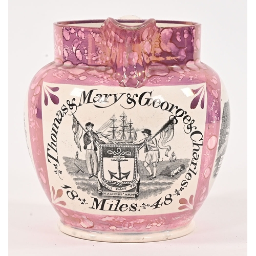 34 - A 19th century Sunderland lustre documentary large jug, to Thomas and Mary and George and Charles Mi... 