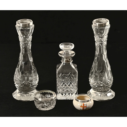 45 - A pair of cut glass silver mounted specimen vases, a square form dressing table jar silver mounted a... 