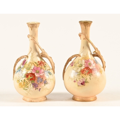 74 - A pair of German Bonn hand painted club shaped vases.  Height 13.5 cm.