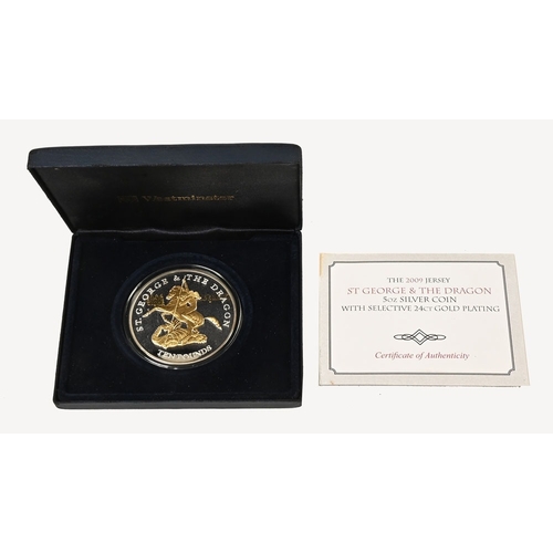 276 - A 2009 Jersey St George and The Dragon 5 ounce silver coin, with selective 24 ct gold plating, in pr... 