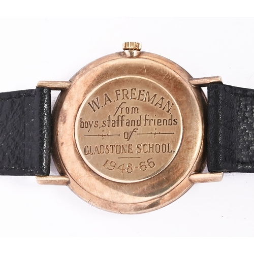 277 - A vintage Omega gentleman's wristwatch, with yellow metal case engraved to back W A Freeman from The... 
