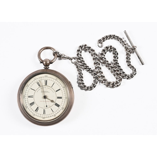 290 - A silver cased pocket chronograph, Birmingham 1892 by H Samuels Manchester, 6 cm diameter, key wound... 