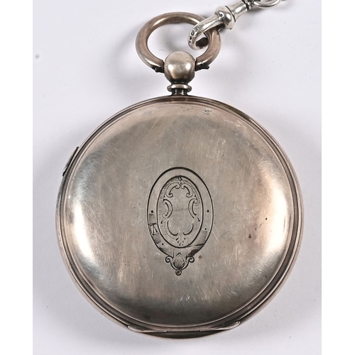 290 - A silver cased pocket chronograph, Birmingham 1892 by H Samuels Manchester, 6 cm diameter, key wound... 