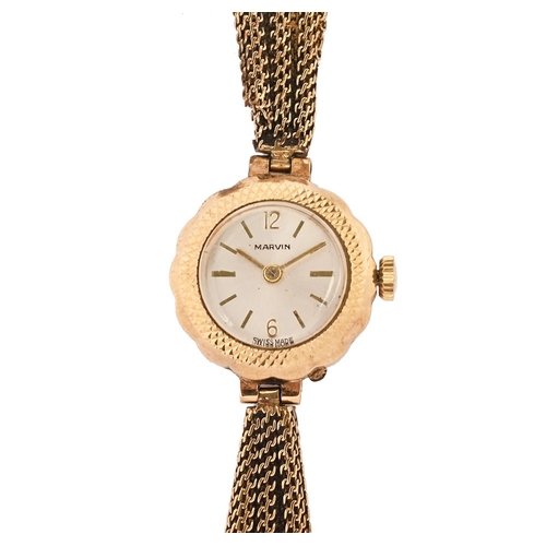 341 - A Marvin 9 ct gold case and strap ladies wristwatch, weight 14.7 grams.