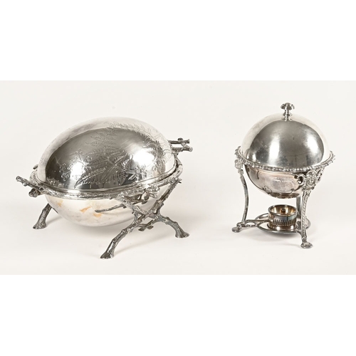 437 - An antique plated silver rollover breakfast dish, with branch form supports and a similar style egg ... 