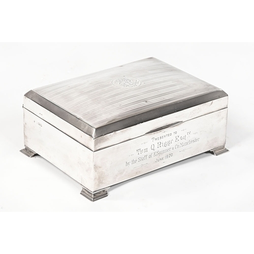 461 - An engine turned silver table cigarette box, inscribed 