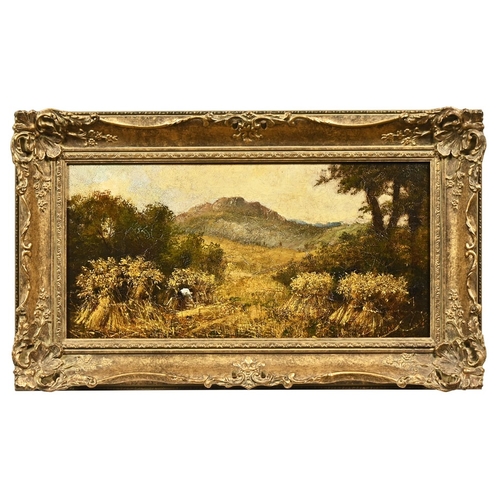 499 - A 19th century oil on canvas (relined), landscape with figures harvesting crops.  19 x 39.5 cm, fram... 