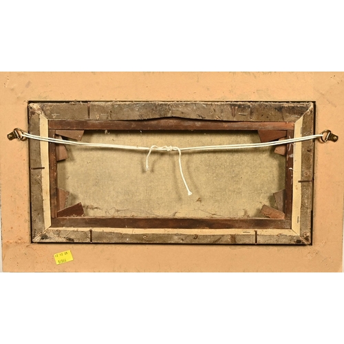 499 - A 19th century oil on canvas (relined), landscape with figures harvesting crops.  19 x 39.5 cm, fram... 