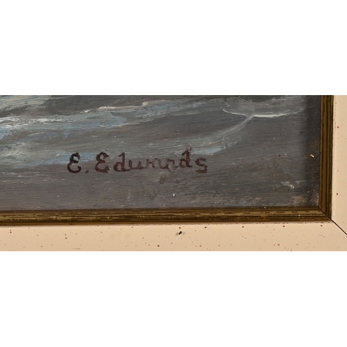 528 - E Edwards, oil on board of a shoreline inlet. 54 cm x 22 cm, framed mounted and glazed.