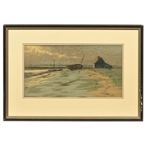 558 - Gayter Smith, watercolour house and boats on estuary, titled to rear 