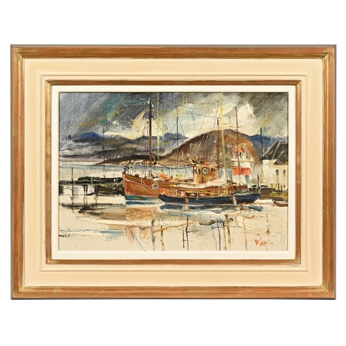 570 - James Watt RGI (Scottish 1931-2022), oil on canvas, fishing boats and lighthouse, marked to the rear... 