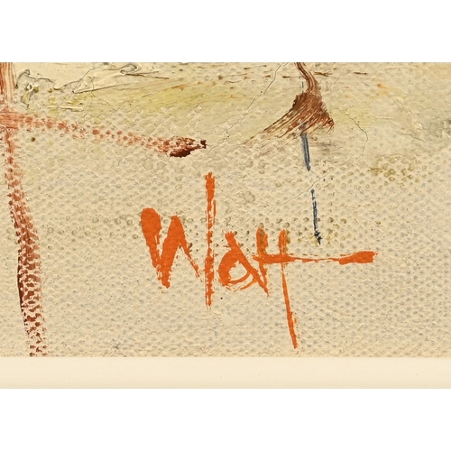 570 - James Watt RGI (Scottish 1931-2022), oil on canvas, fishing boats and lighthouse, marked to the rear... 