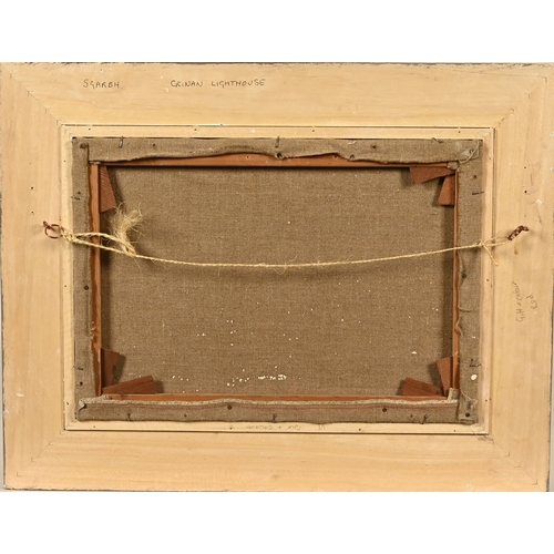 570 - James Watt RGI (Scottish 1931-2022), oil on canvas, fishing boats and lighthouse, marked to the rear... 