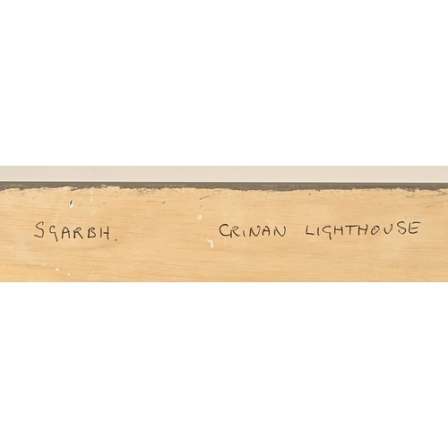 570 - James Watt RGI (Scottish 1931-2022), oil on canvas, fishing boats and lighthouse, marked to the rear... 