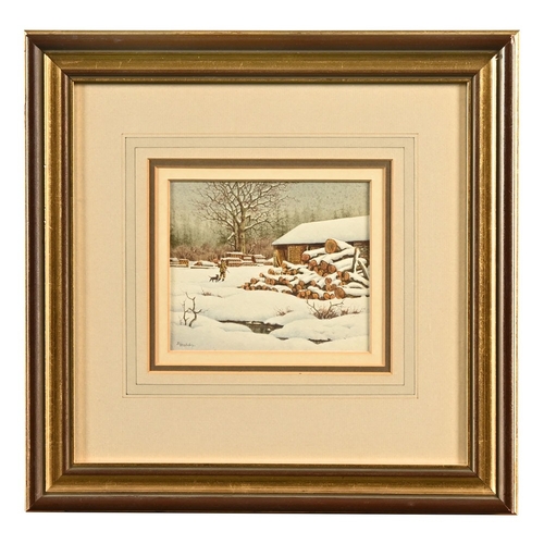 601 - Philip L Hobbs (Phil born 1953), watercolour snow scene with log piles barn and gentleman shooting. ... 
