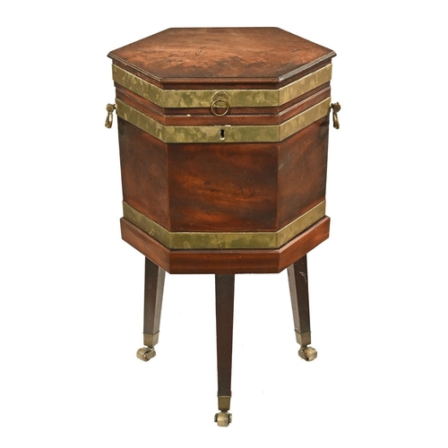 1419 - A George III mahogany brass bound hexagonal wine cooler, with brass carrying handle to either side w... 
