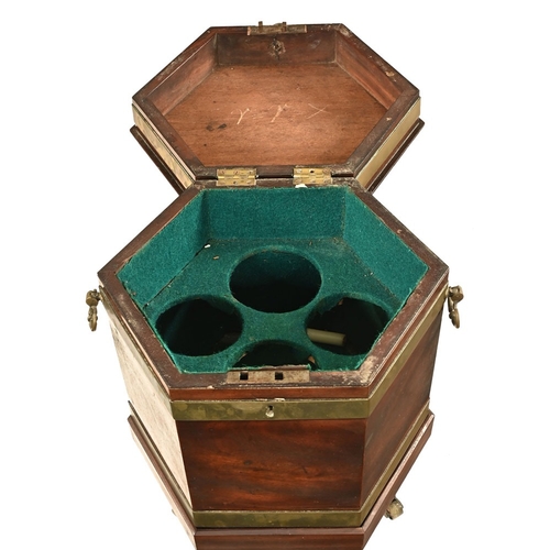 1419 - A George III mahogany brass bound hexagonal wine cooler, with brass carrying handle to either side w... 