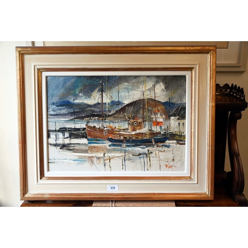 570 - James Watt RGI (Scottish 1931-2022), oil on canvas, fishing boats and lighthouse, marked to the rear... 