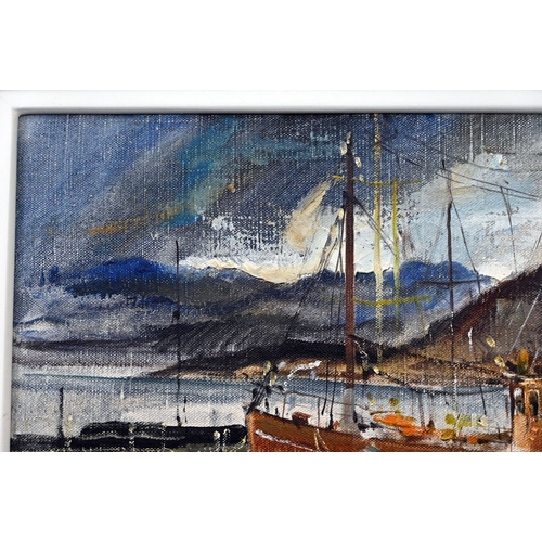 570 - James Watt RGI (Scottish 1931-2022), oil on canvas, fishing boats and lighthouse, marked to the rear... 
