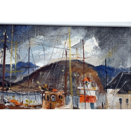 570 - James Watt RGI (Scottish 1931-2022), oil on canvas, fishing boats and lighthouse, marked to the rear... 