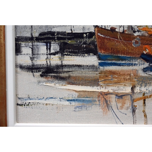570 - James Watt RGI (Scottish 1931-2022), oil on canvas, fishing boats and lighthouse, marked to the rear... 