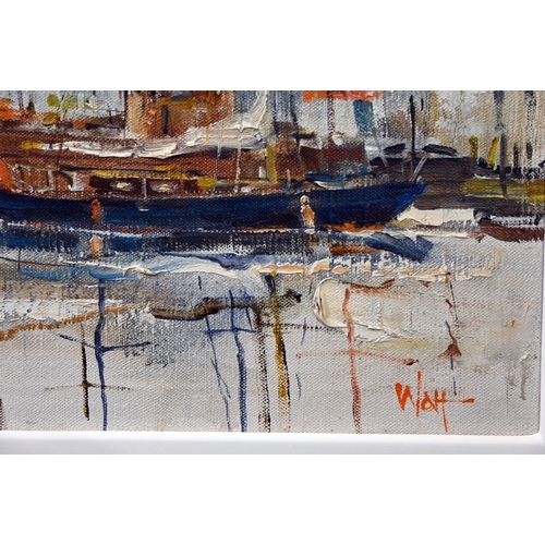570 - James Watt RGI (Scottish 1931-2022), oil on canvas, fishing boats and lighthouse, marked to the rear... 
