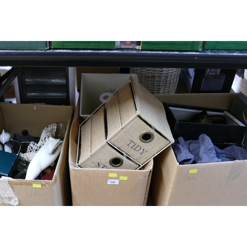 242 - Three boxes of ornaments, household items, shoes etc