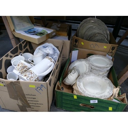 179 - Four boxes of dinnerware, part tea sets, boxed  collectors' plates etc