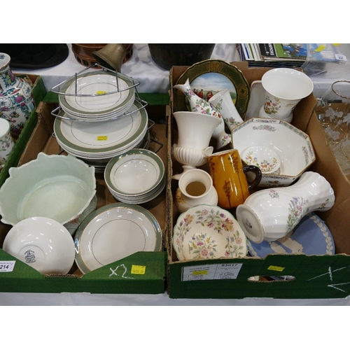 214 - Two boxes of dinnerware, Jasperware, Aynsley vases etc