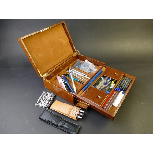 304 - Leather bound writing box, pens and cartridges