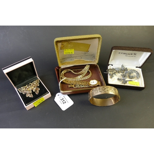 312 - 9 ct with metal core bangle, brooches, watch, necklace etc
