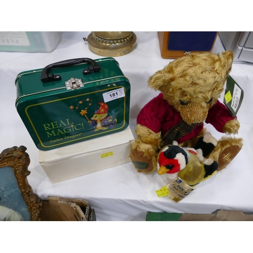 181 - Boxed pocket dragon, Harrods teddy bear and a bird