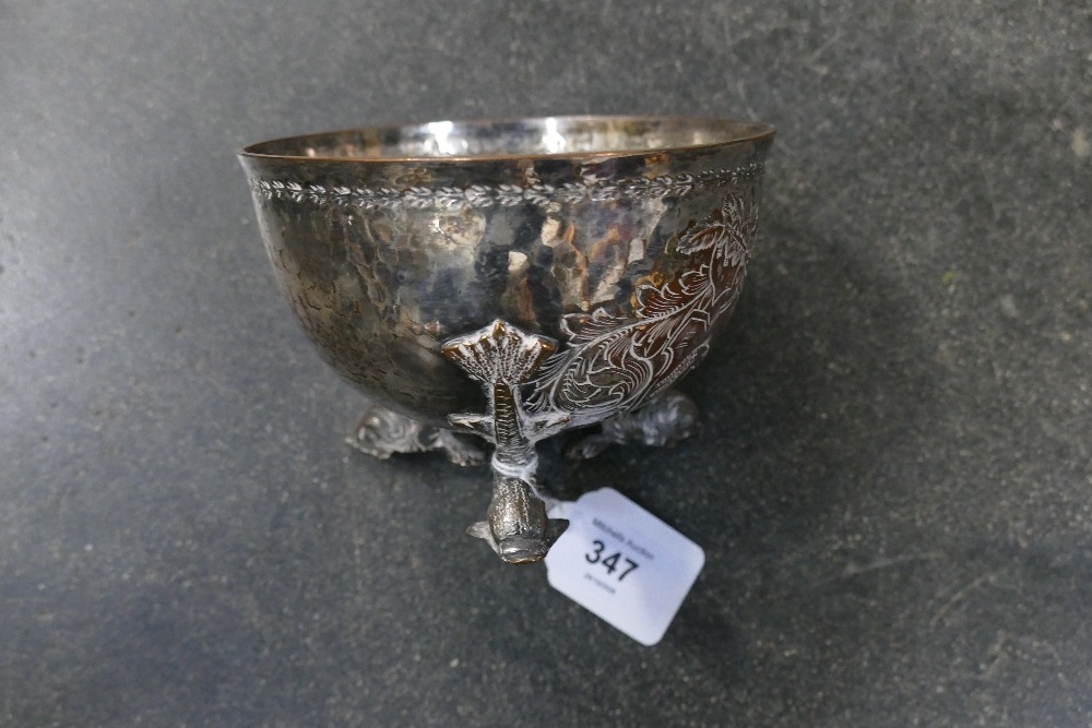 Silver plate on copper planished bowl on fish feet
