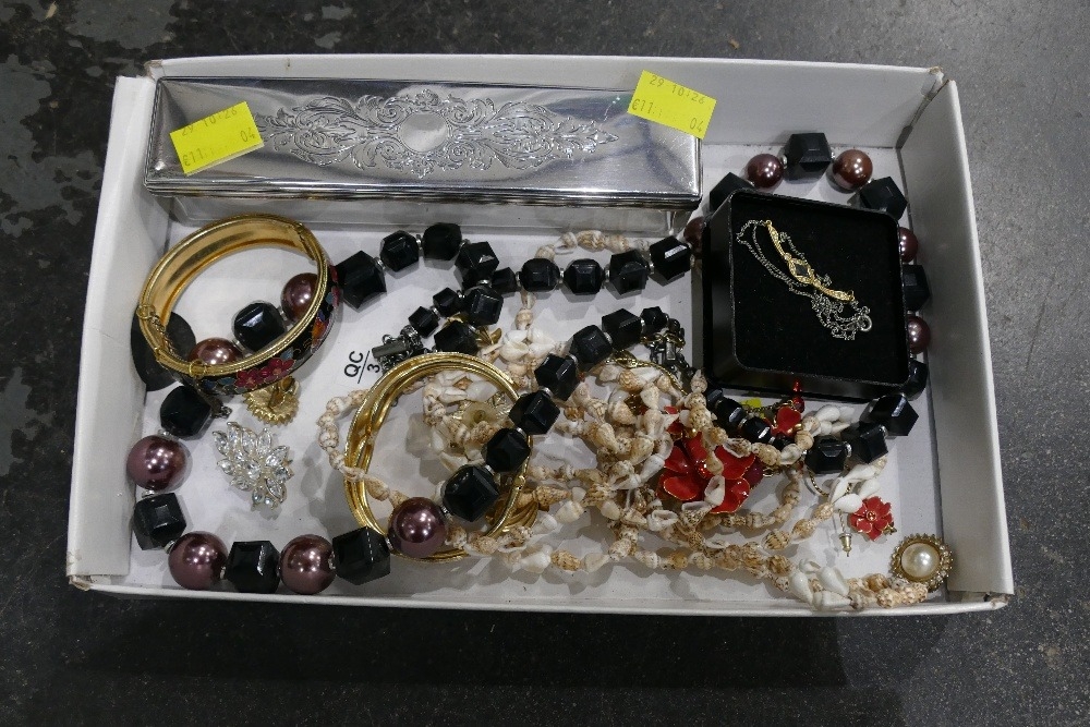 Narrow glass dish with plated lid, costume jewellery, necklaces ...